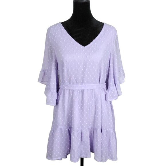 Missky Dresses & Skirts - Missky Womens Size S Lavender Swiss Dot V-Neck Dress Ruffle Sleeves & Tie Waist